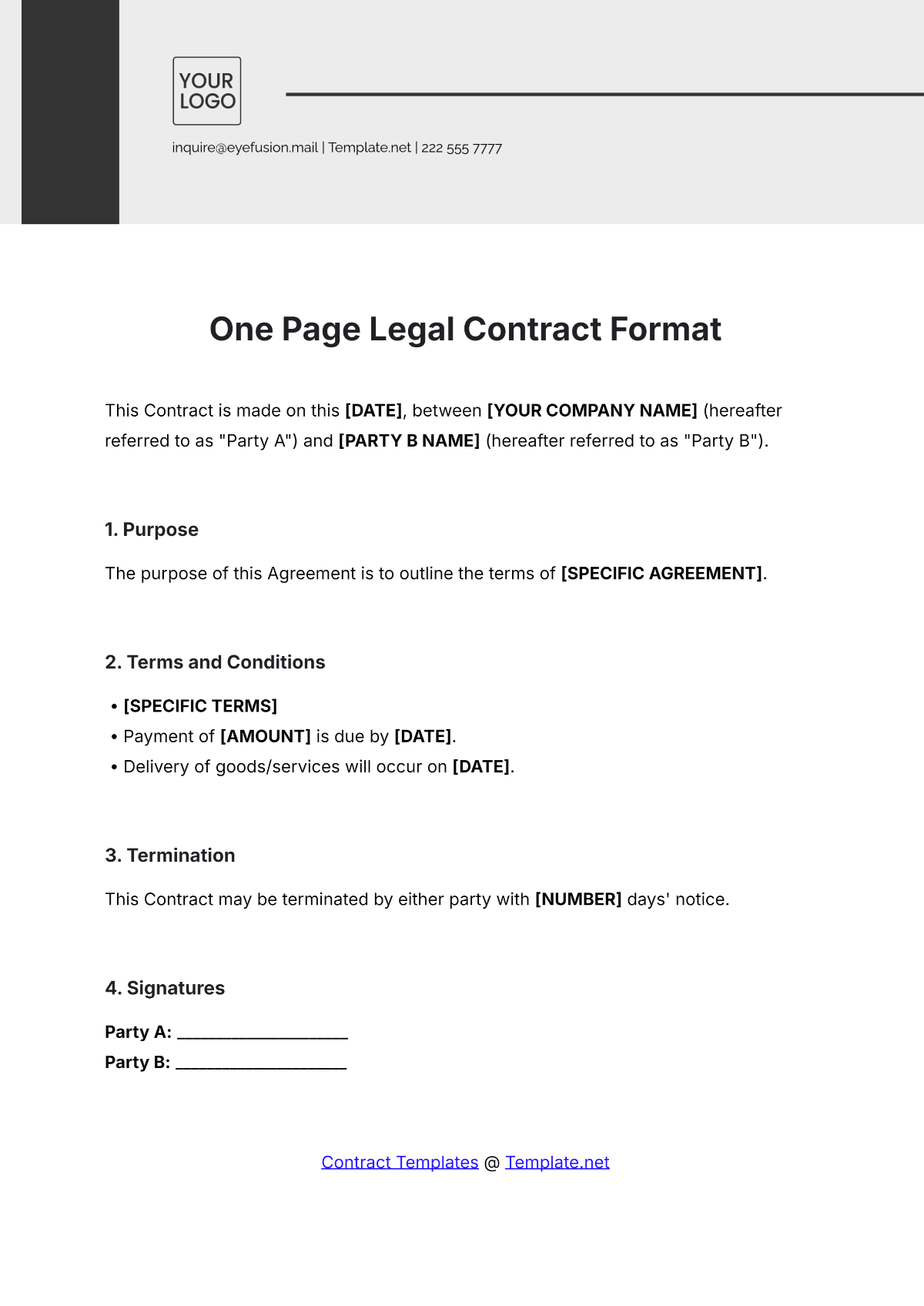 One Page Legal Contract Format Template - Edit Online & Download