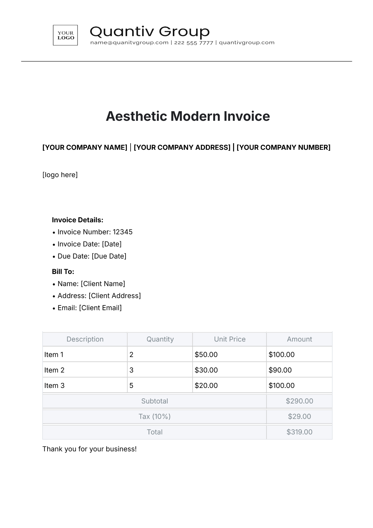 Aesthetic Modern Invoice Template with Logo - Edit Online & Download