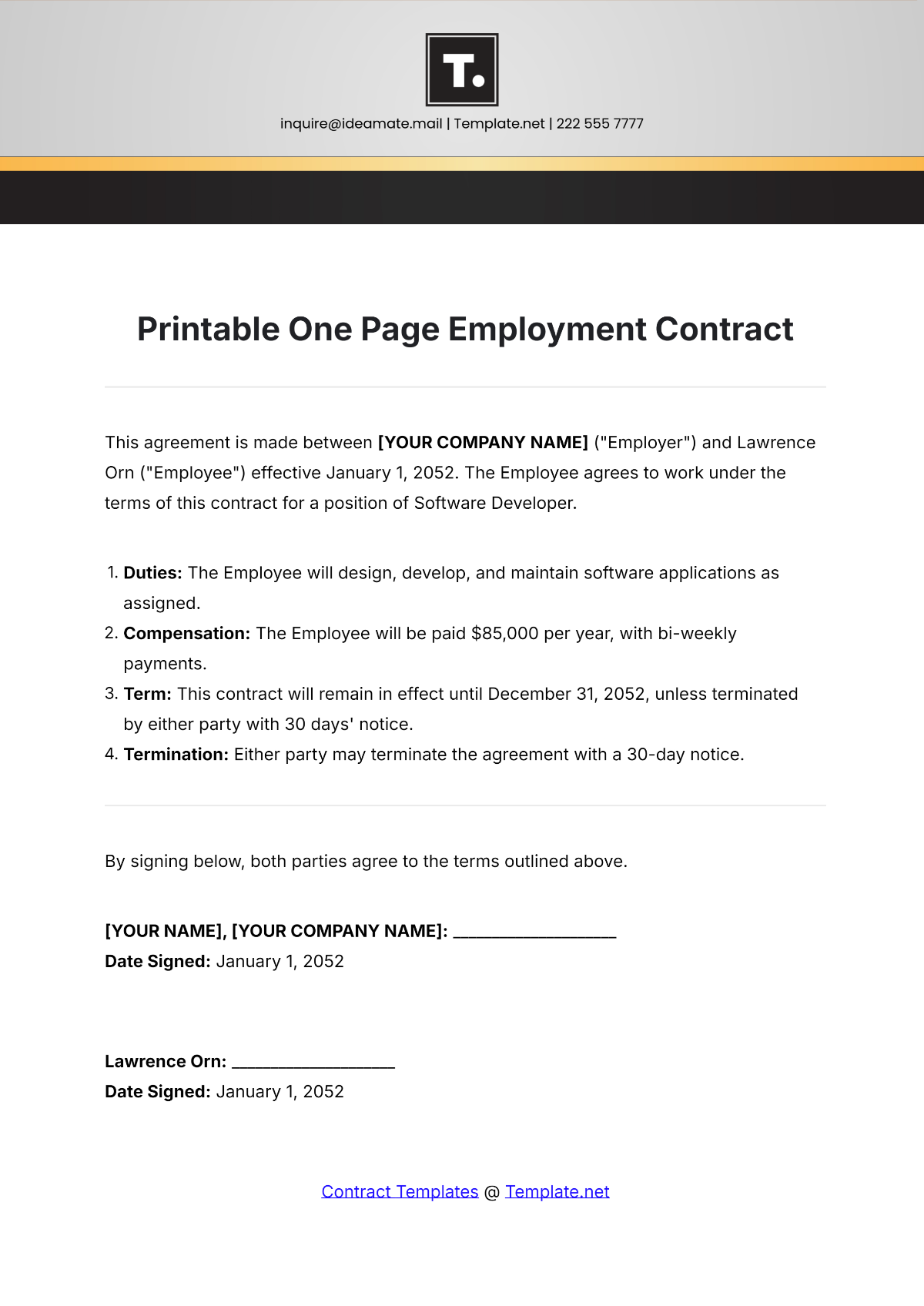 Printable One Page Employment Contract Template - Edit Online & Download