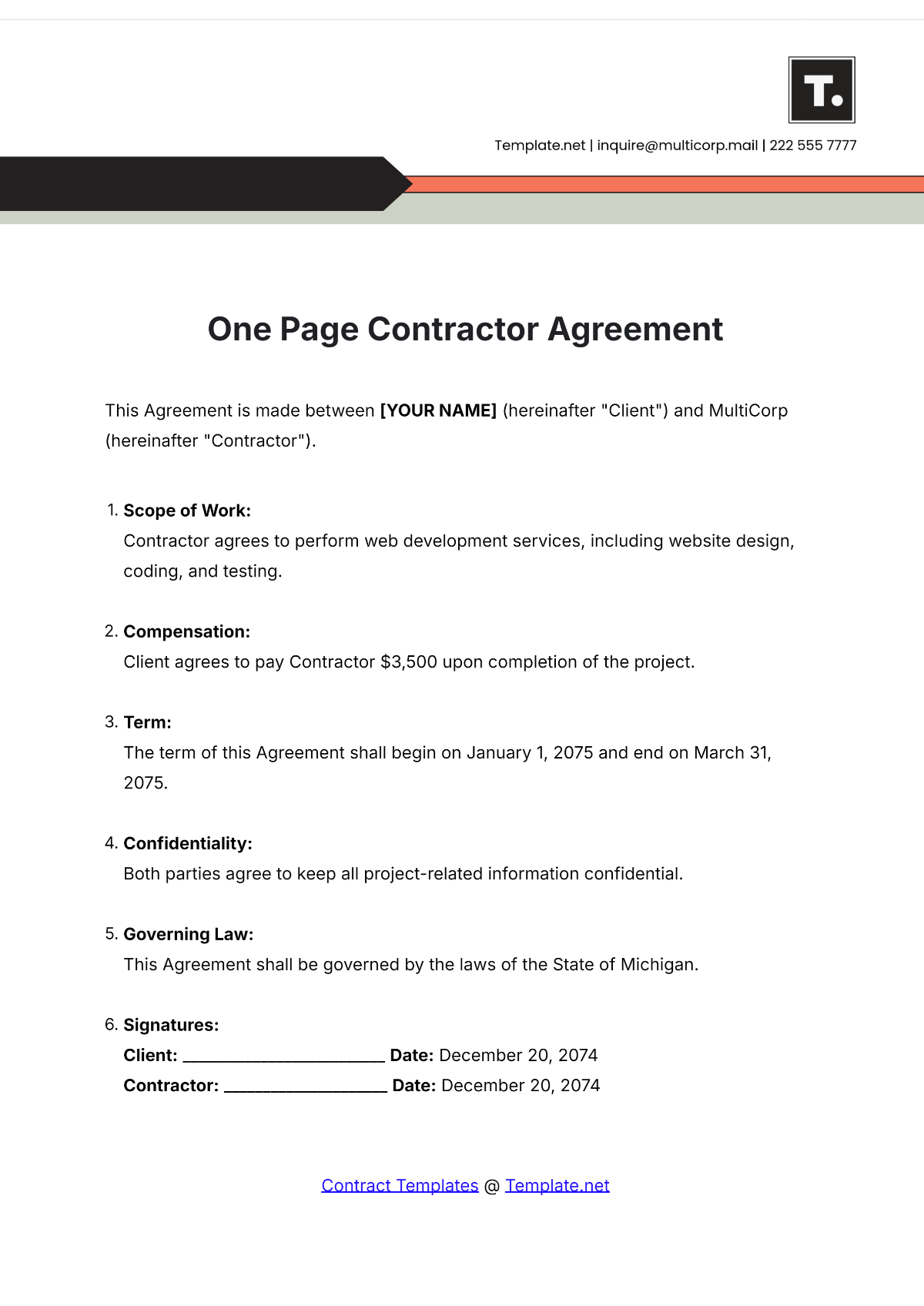 One Page Contractor Agreement Template - Edit Online & Download