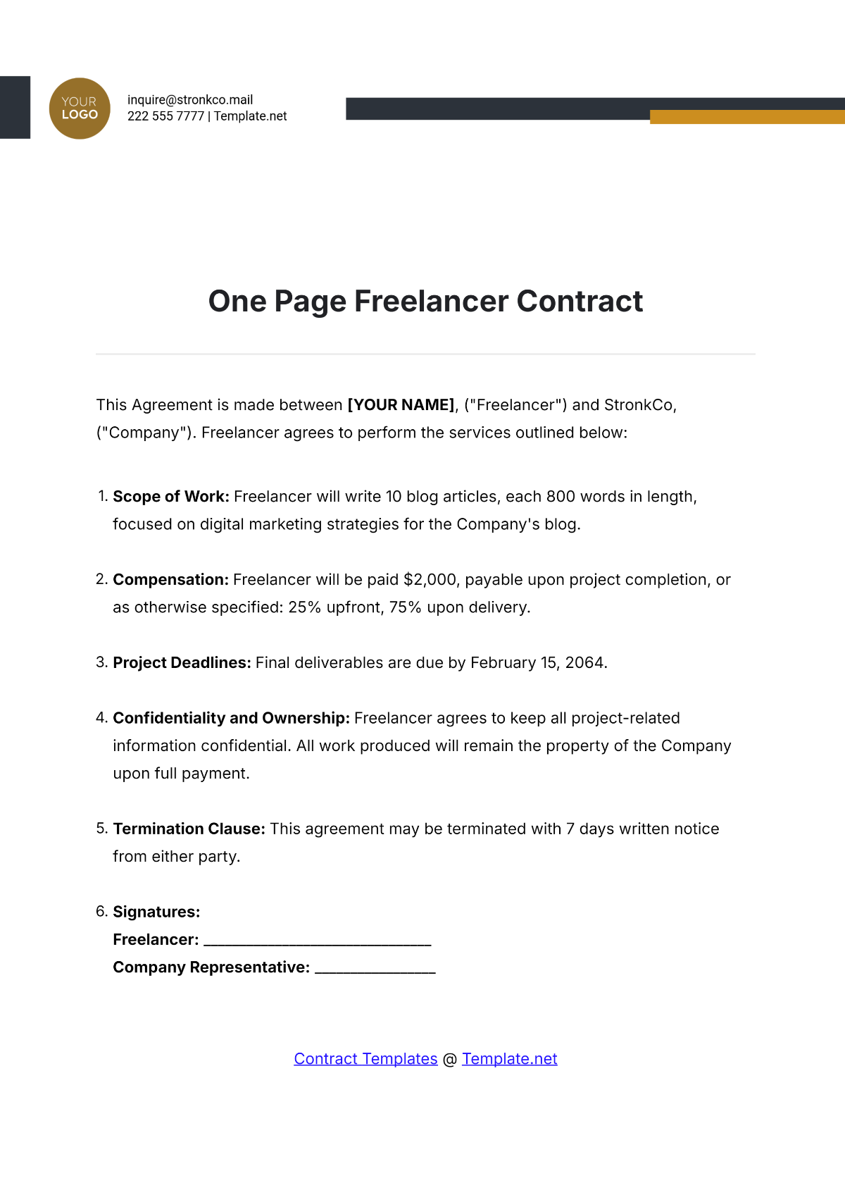 One Page Freelancer Contract Template - Edit Online & Download