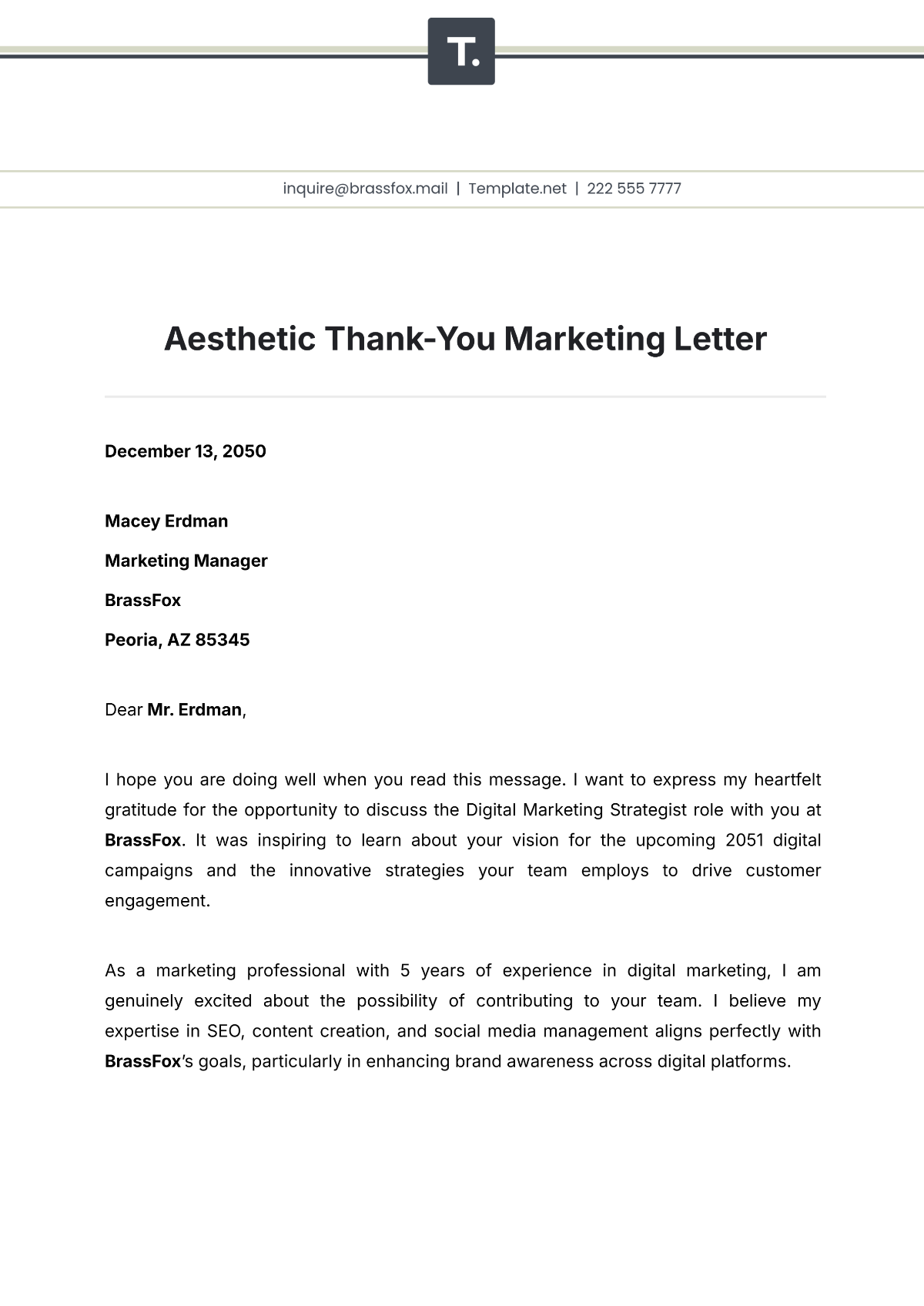 Free Aesthetic Thank-You Marketing Letter Template