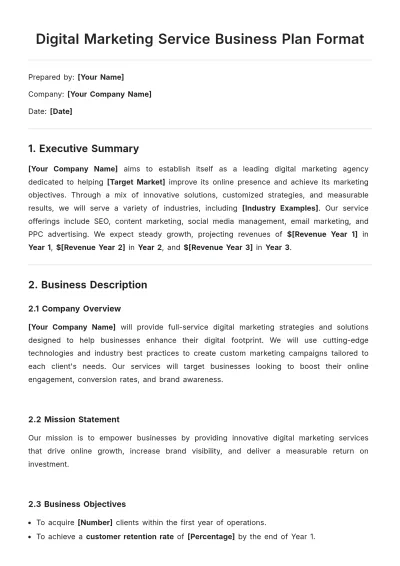 Free Digital Marketing Service Business Plan Format Template to Edit Online