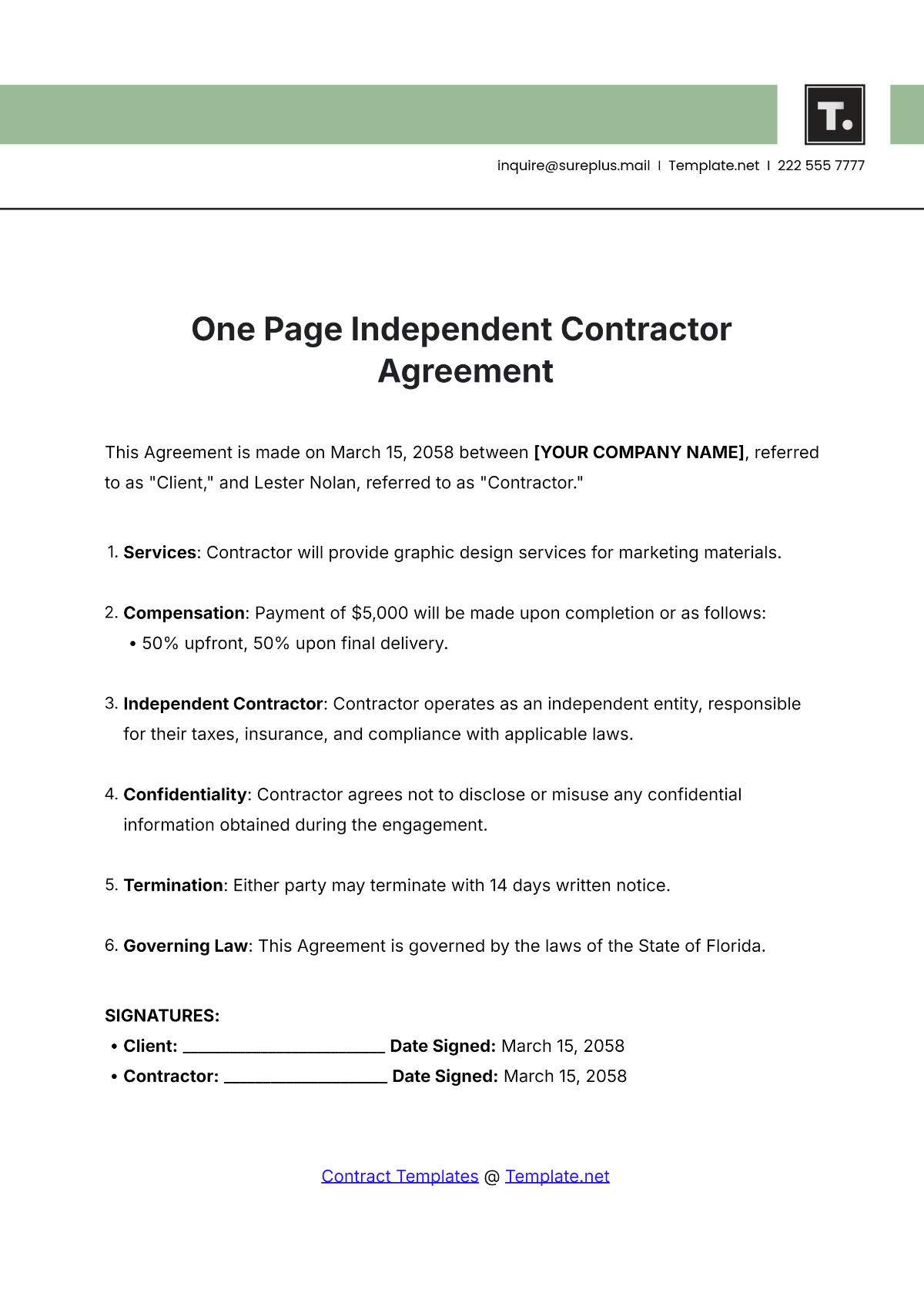 One Page Independent Contractor Agreement Template - Edit Online & Download