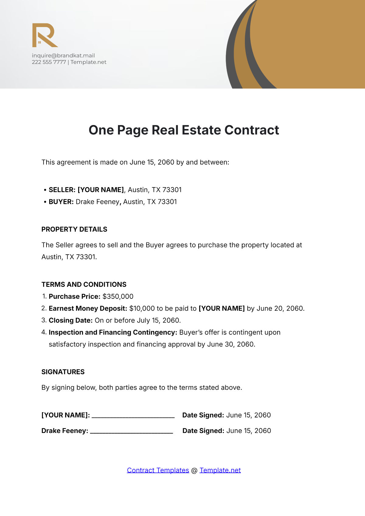 One Page Real Estate Contract Template - Edit Online & Download