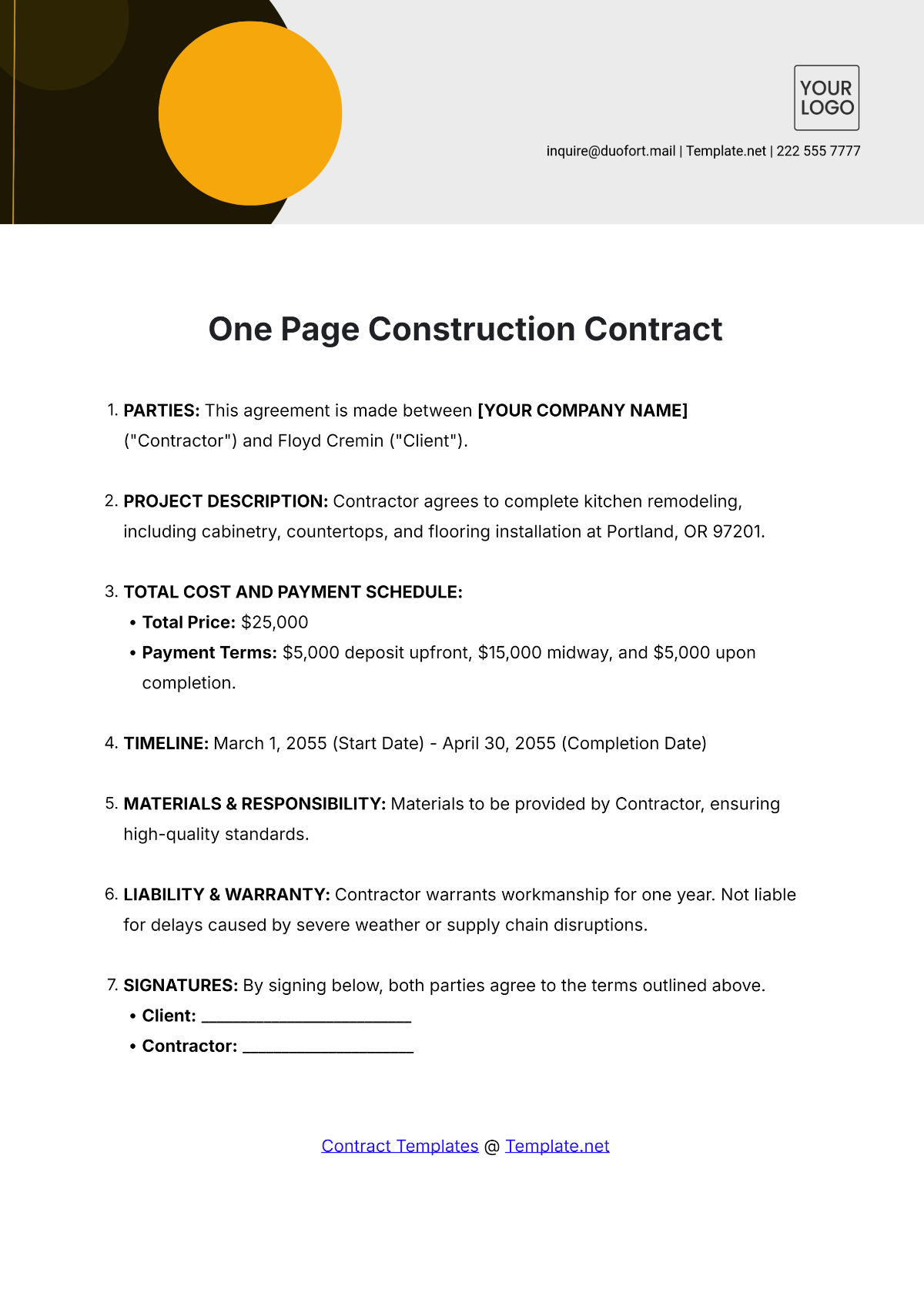 One Page Construction Contract Template - Edit Online & Download