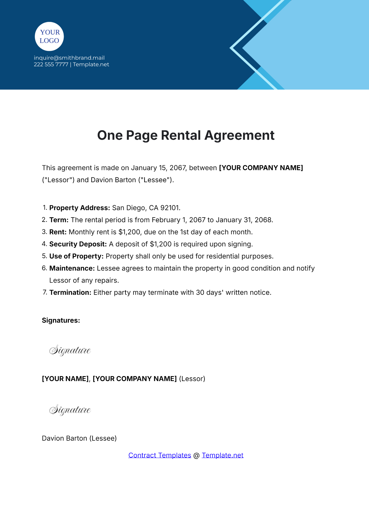 One Page Rental Agreement Template - Edit Online & Download