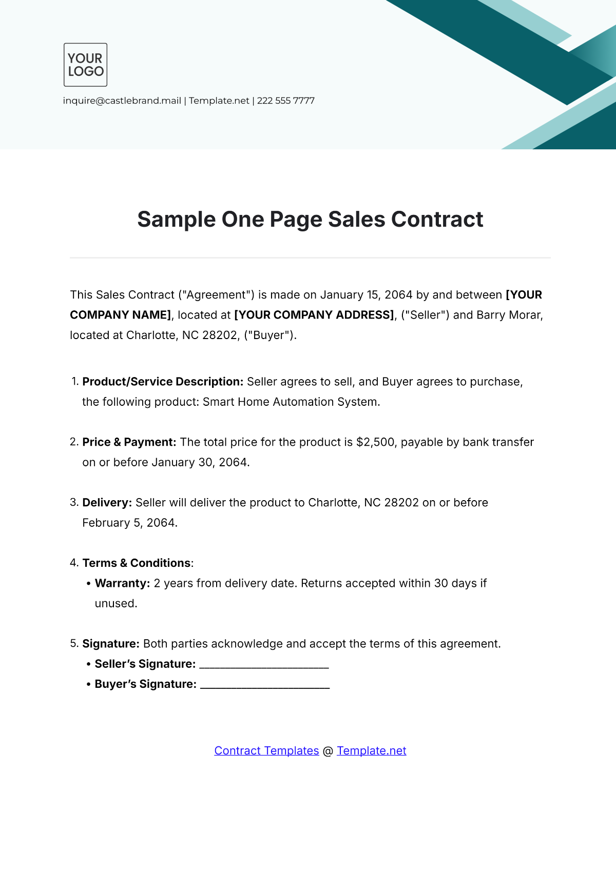 Sample One Page Sales Contract Template - Edit Online & Download