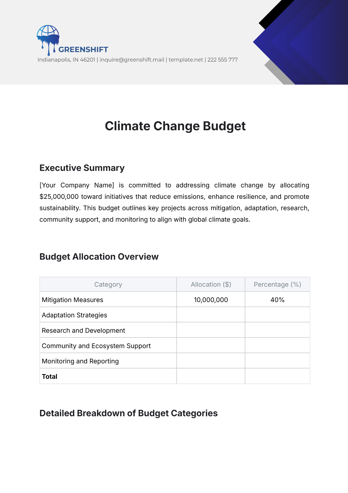 Climate Change Budget Template - Edit Online & Download