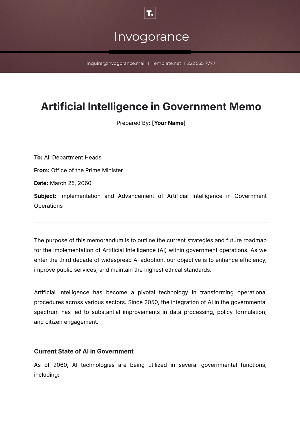 Artificial Intelligence in Government Memo Template - Edit Online & Download