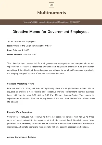 Free Directive Memo for Government  Employees Template to Edit Online