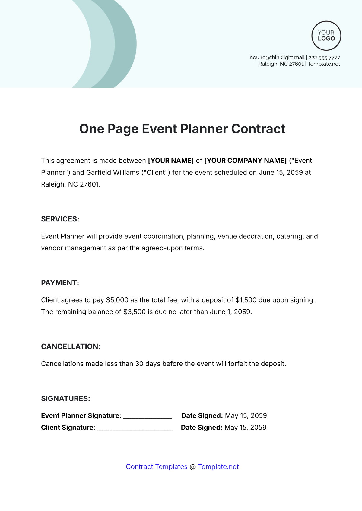 One Page Event Planner Contract Template - Edit Online & Download