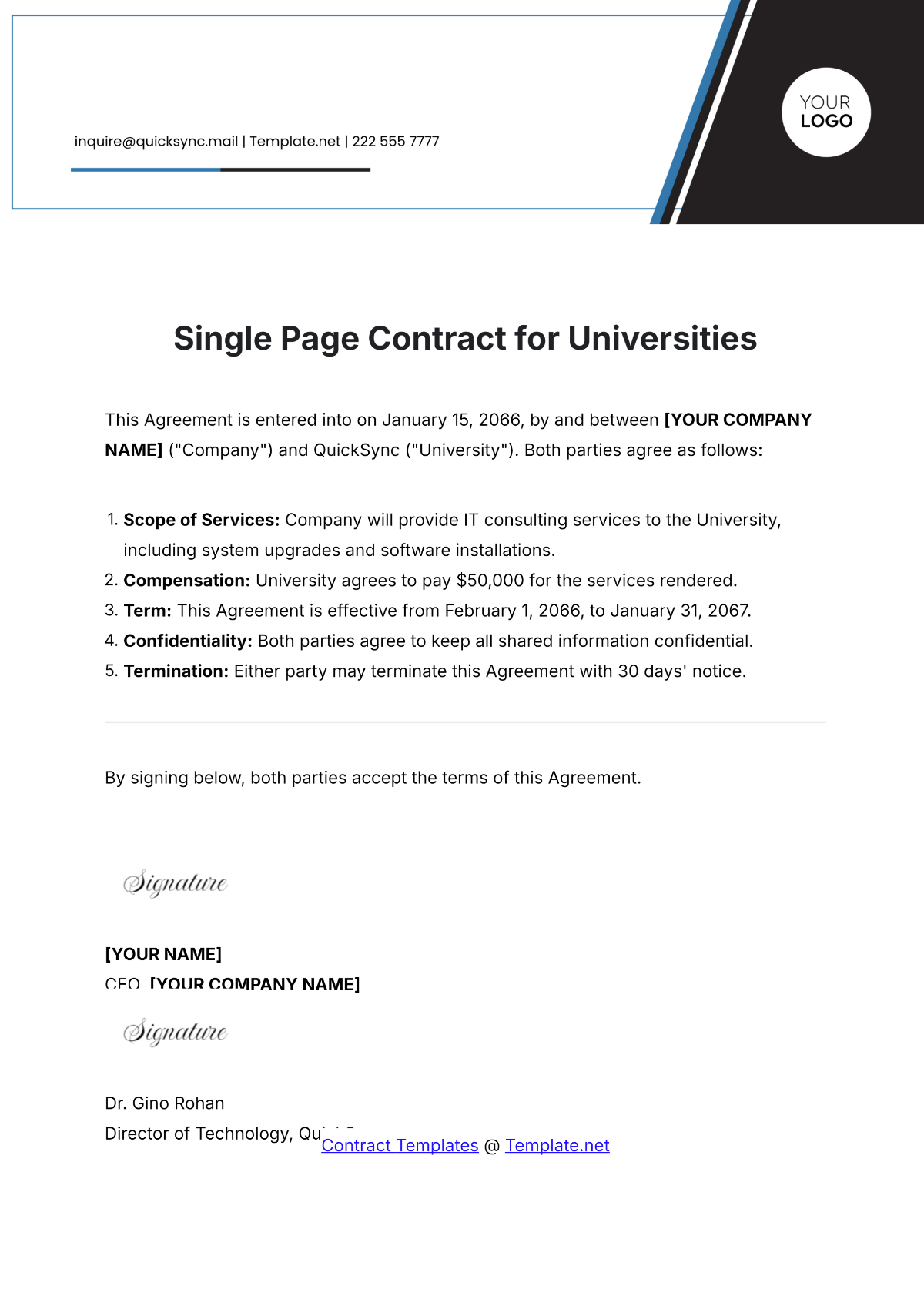 Single Page Contract Template for Universities - Edit Online & Download