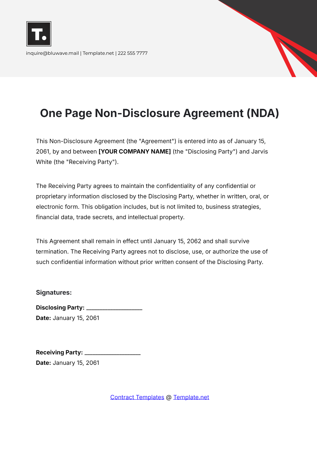 One Page Non-Disclosure Agreement (NDA) Template - Edit Online & Download