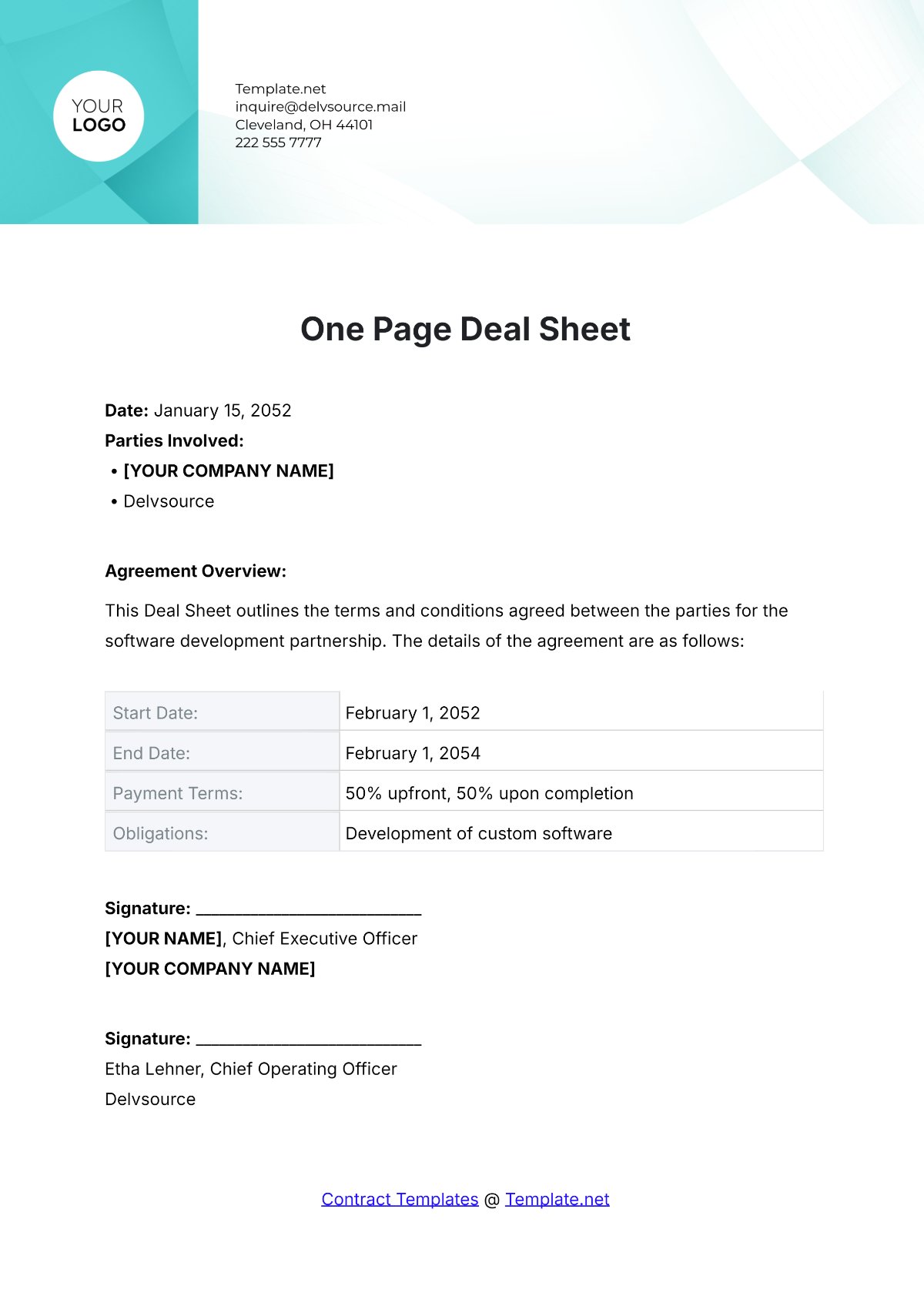 One Page Deal Sheet Template - Edit Online & Download