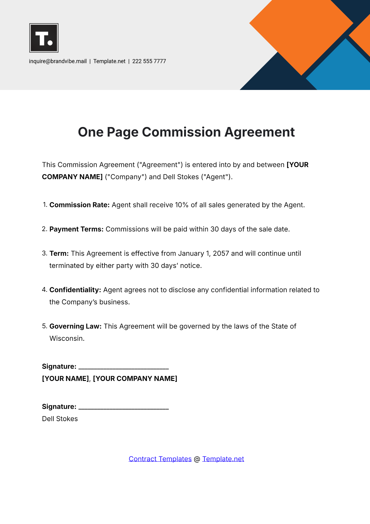 One Page Commission Agreement Template - Edit Online & Download