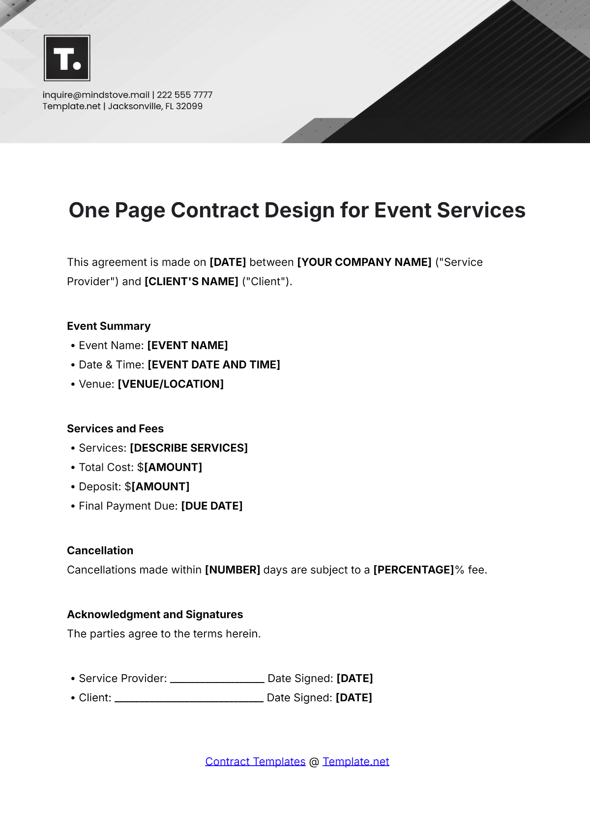 One Page Contract Design Template for Event Services - Edit Online & Download