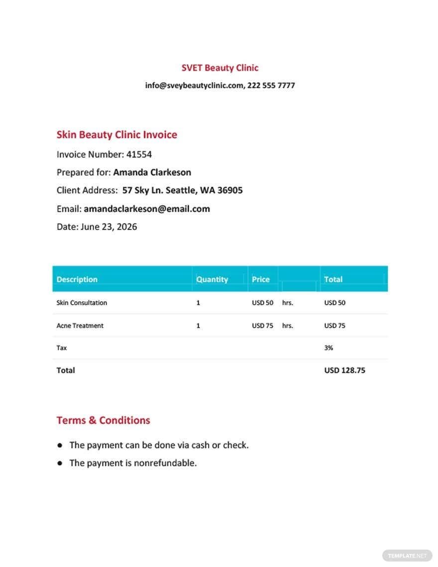 Skin Beauty Clinic Invoice Template