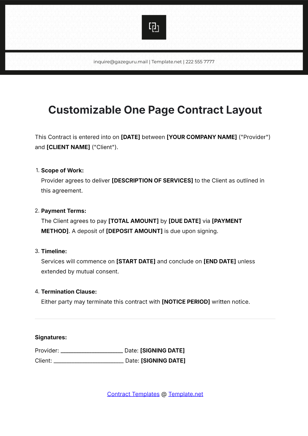 Customizable One Page Contract Layout Template - Edit Online & Download