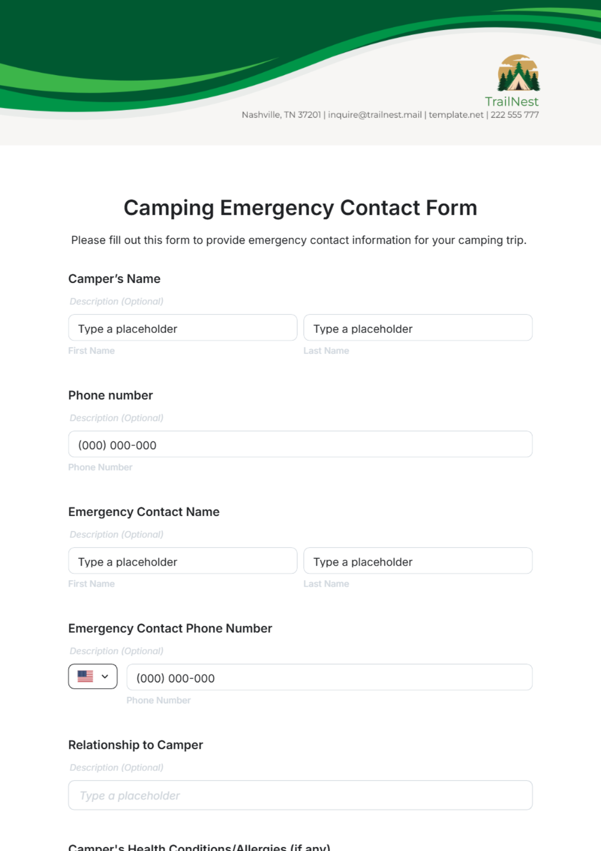 Camping Emergency Contact Form Template - Edit Online & Download