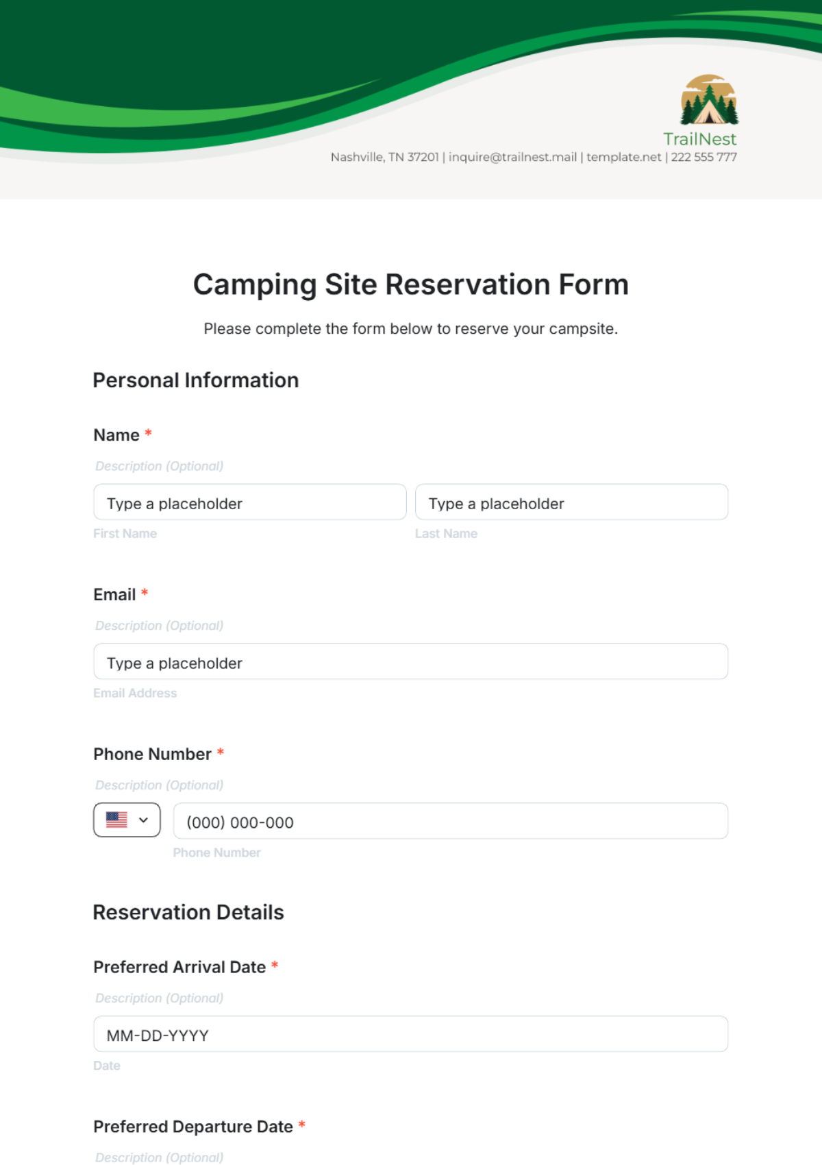 Camping Site Reservation Form Template - Edit Online & Download