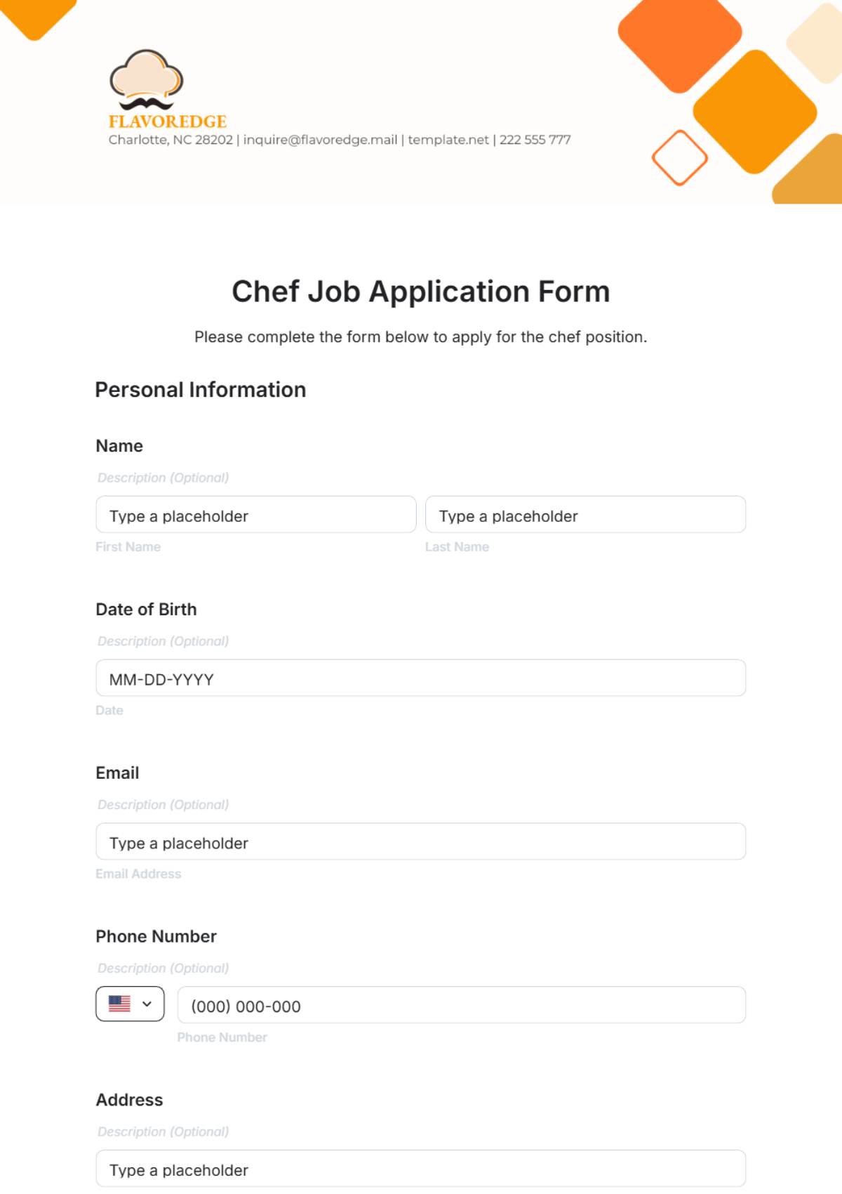 Free Chef Job Application Form Template