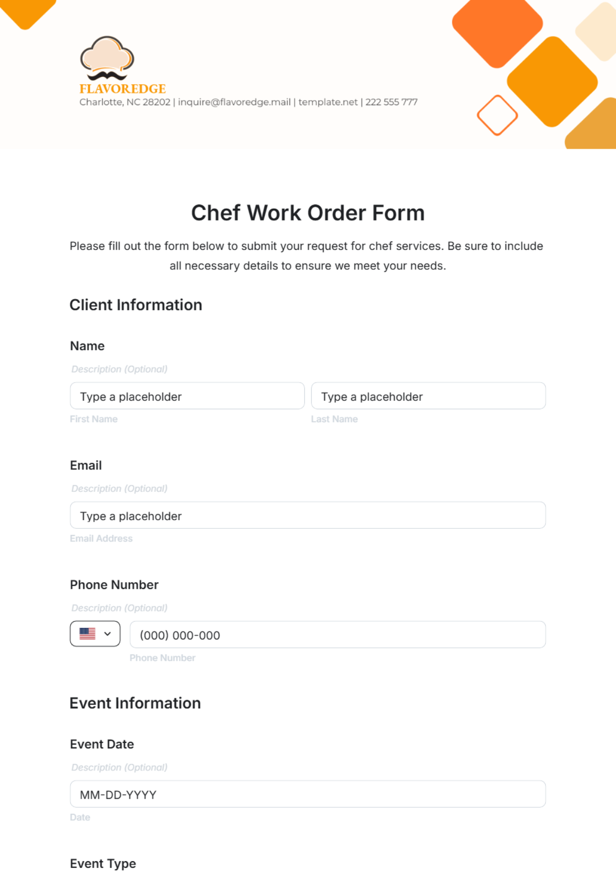 Free Chef Work Order Form Template