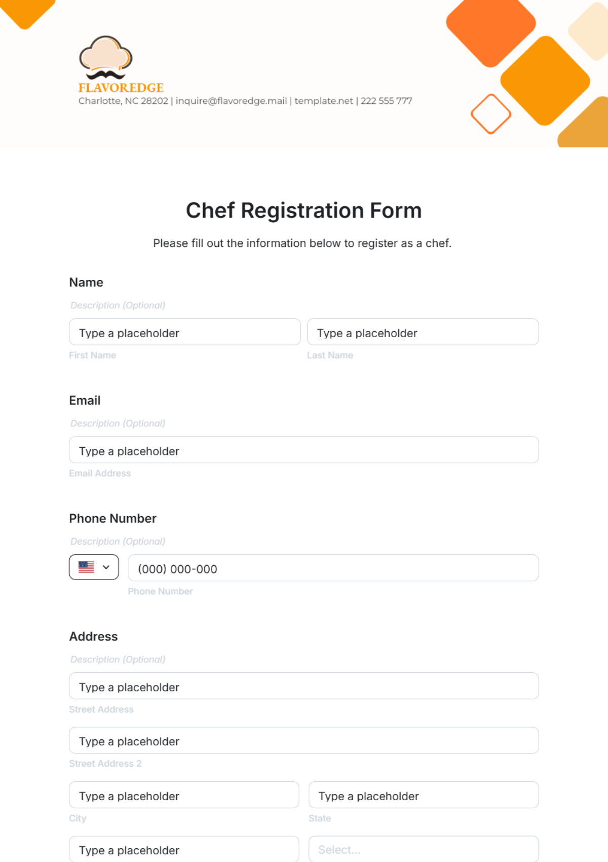 Free Chef Registration Form Template