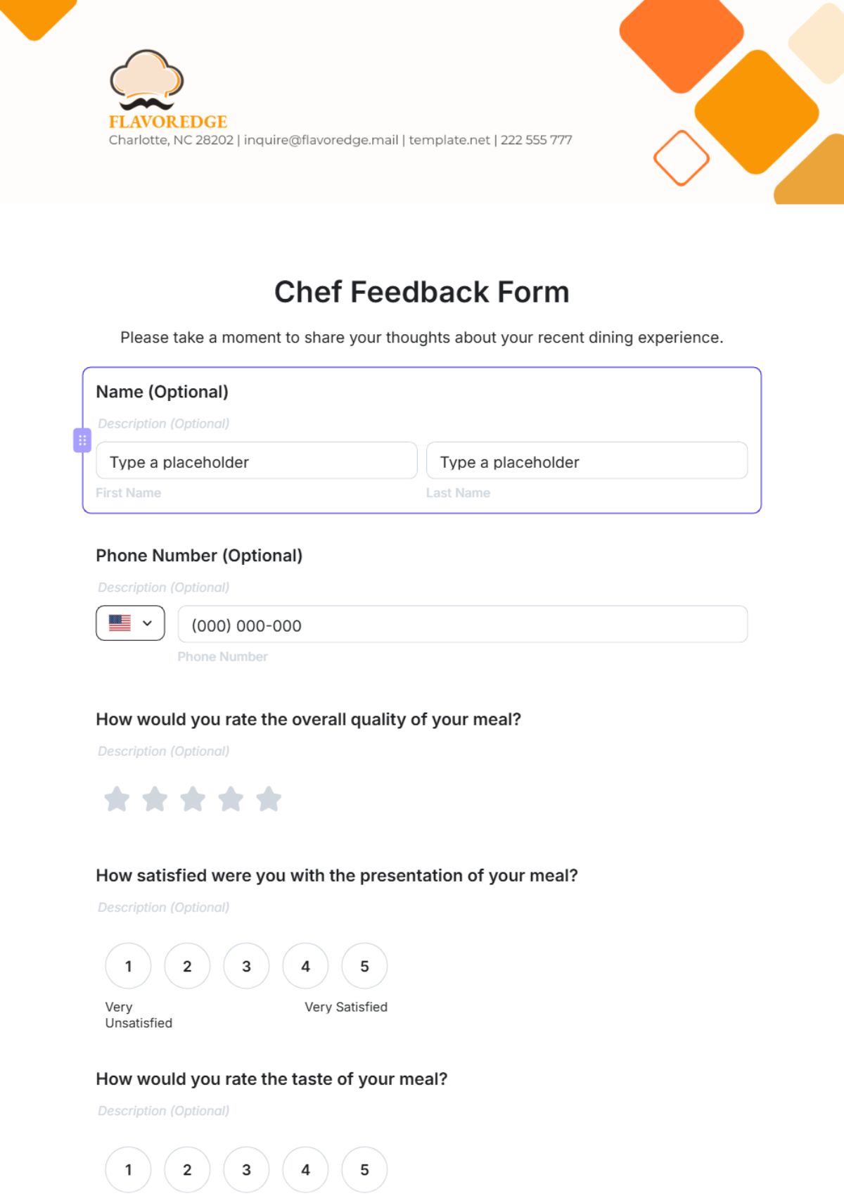 Free Chef Feedback Form Template