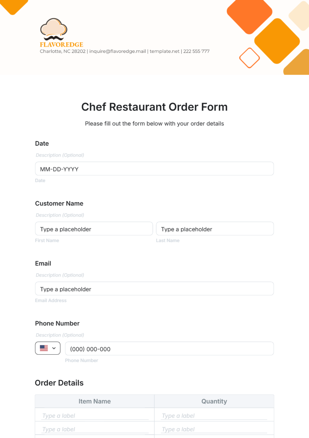 Free Chef Restaurant Order Form Template