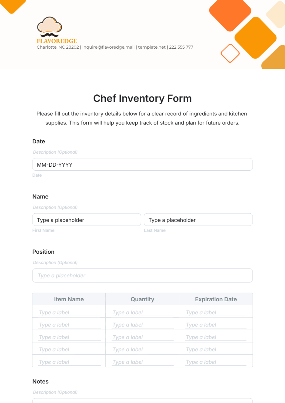 Free Chef Inventory Form Template