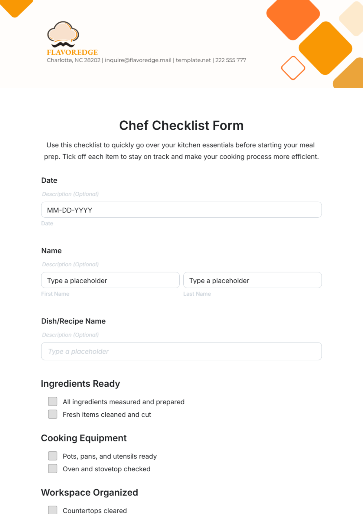 Free Chef Checklist Form Template