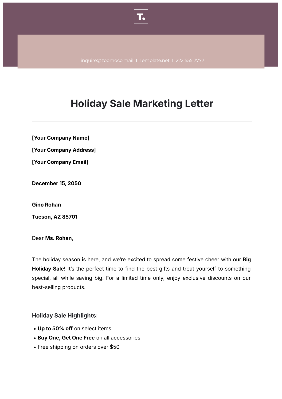 Holiday Sale Marketing Letter Template