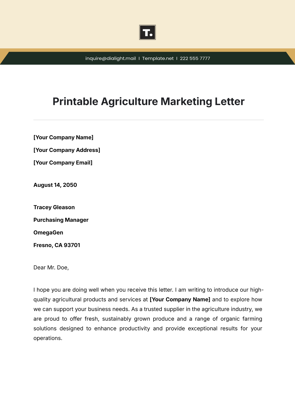 Free Printable Agriculture Marketing Letter Template