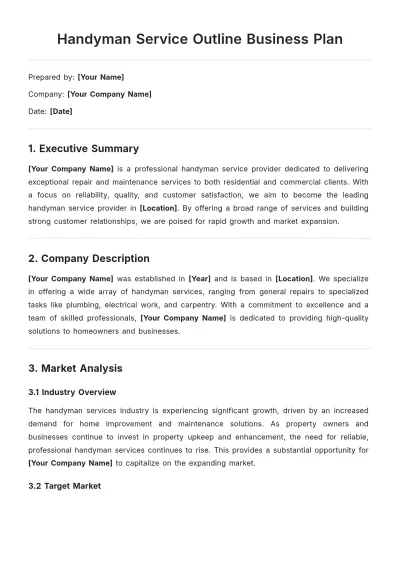 Free Handyman Service Outline Business Plan Template to Edit Online