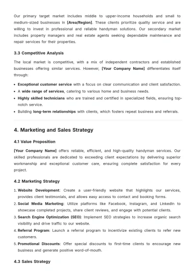 Free Handyman Service Outline Business Plan Template to Edit Online
