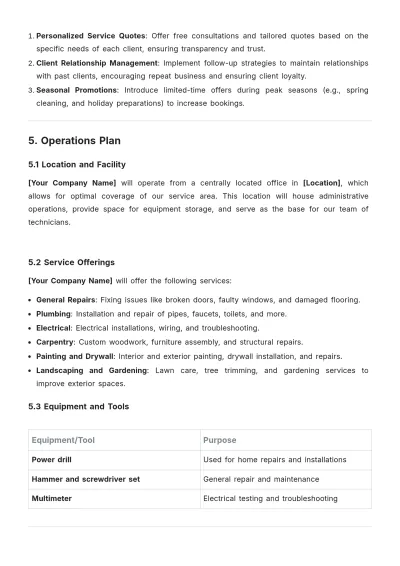 Free Handyman Service Outline Business Plan Template to Edit Online
