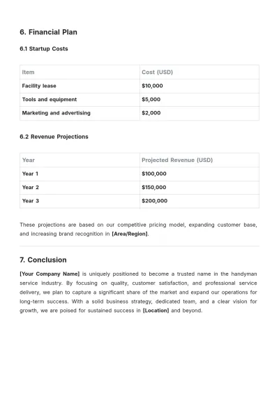 Free Handyman Service Outline Business Plan Template to Edit Online