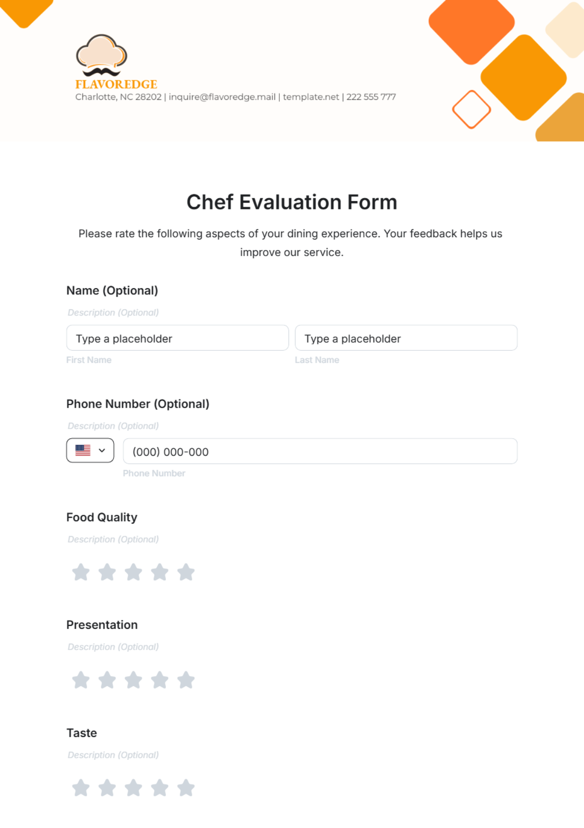 Free Chef Evaluation Form Template