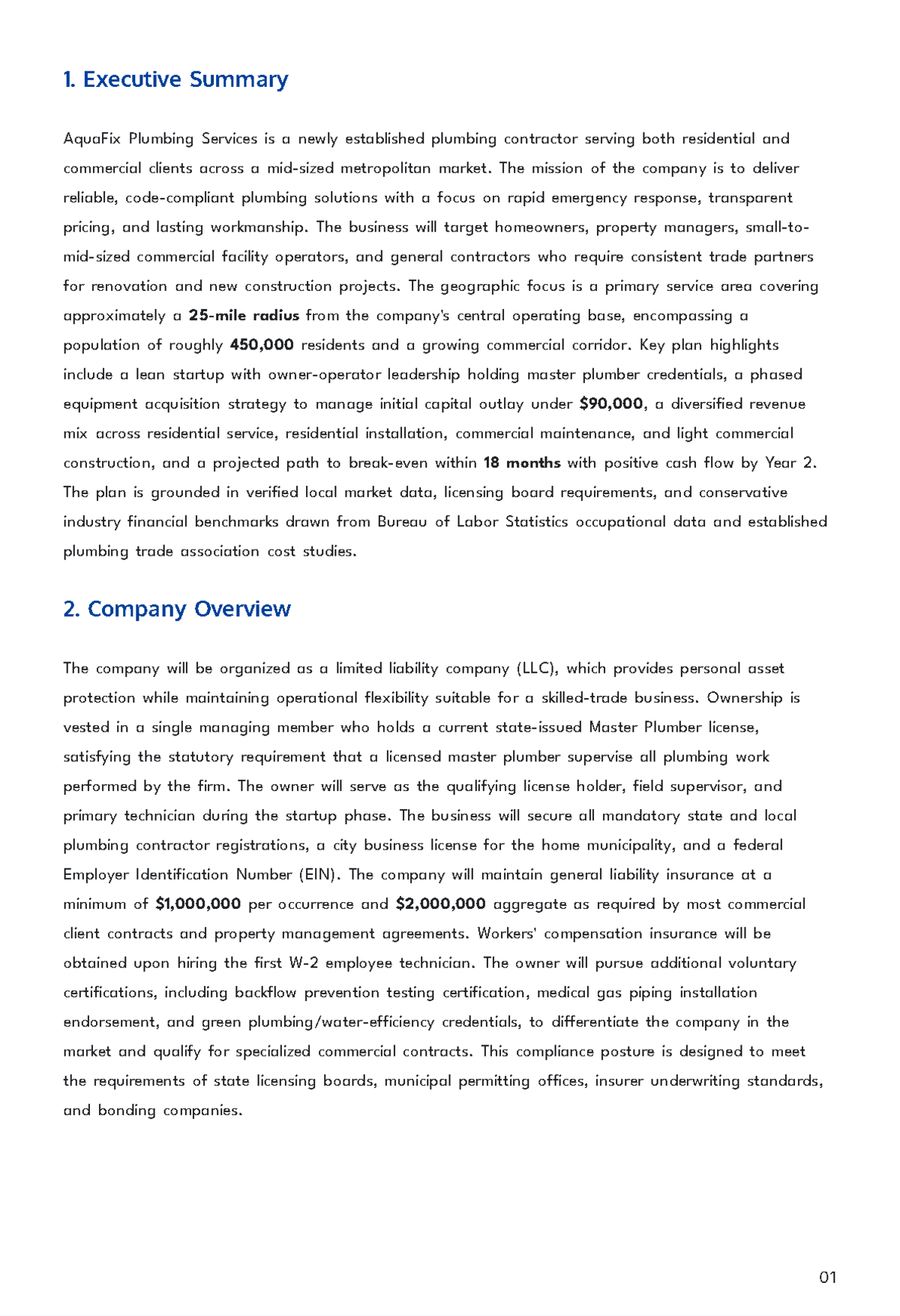 Free Plumbing Service Business Plan Template to Edit Online