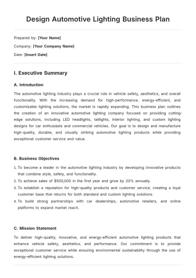 Free Design Automotive Lighting Business Plan Template to Edit Online