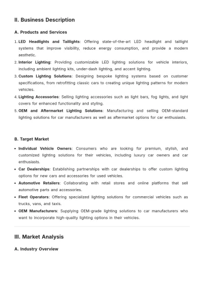 Free Design Automotive Lighting Business Plan Template to Edit Online