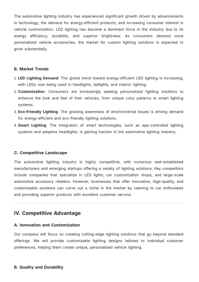 Free Design Automotive Lighting Business Plan Template to Edit Online