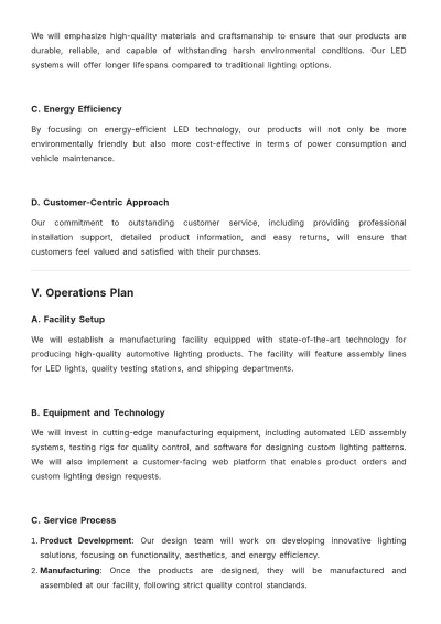 Free Design Automotive Lighting Business Plan Template to Edit Online