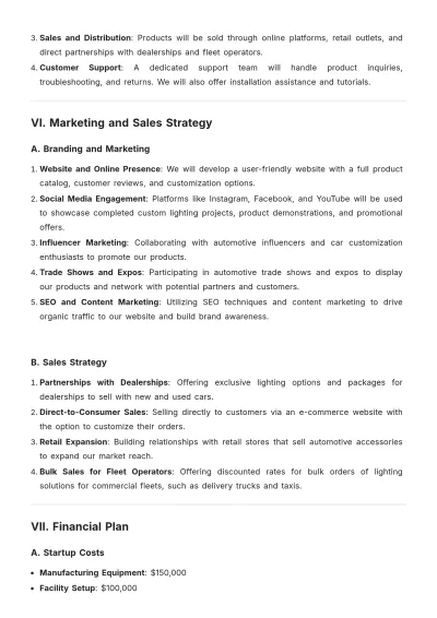 Free Design Automotive Lighting Business Plan Template to Edit Online
