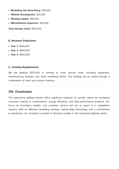 Free Design Automotive Lighting Business Plan Template to Edit Online