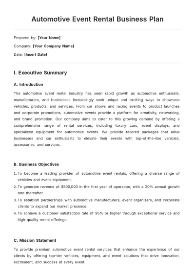 Free Automotive Event Rental Business Plan Template to Edit Online