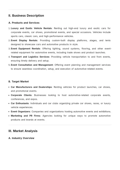 Free Automotive Event Rental Business Plan Template to Edit Online