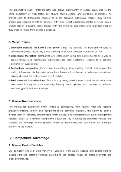 Free Automotive Event Rental Business Plan Template to Edit Online