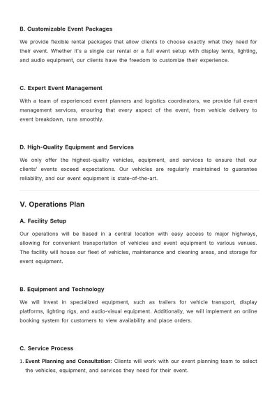 Free Automotive Event Rental Business Plan Template to Edit Online
